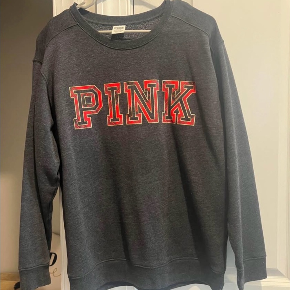 PINK Victoria's Secret Charcoal and Red Crew Neck Sweater